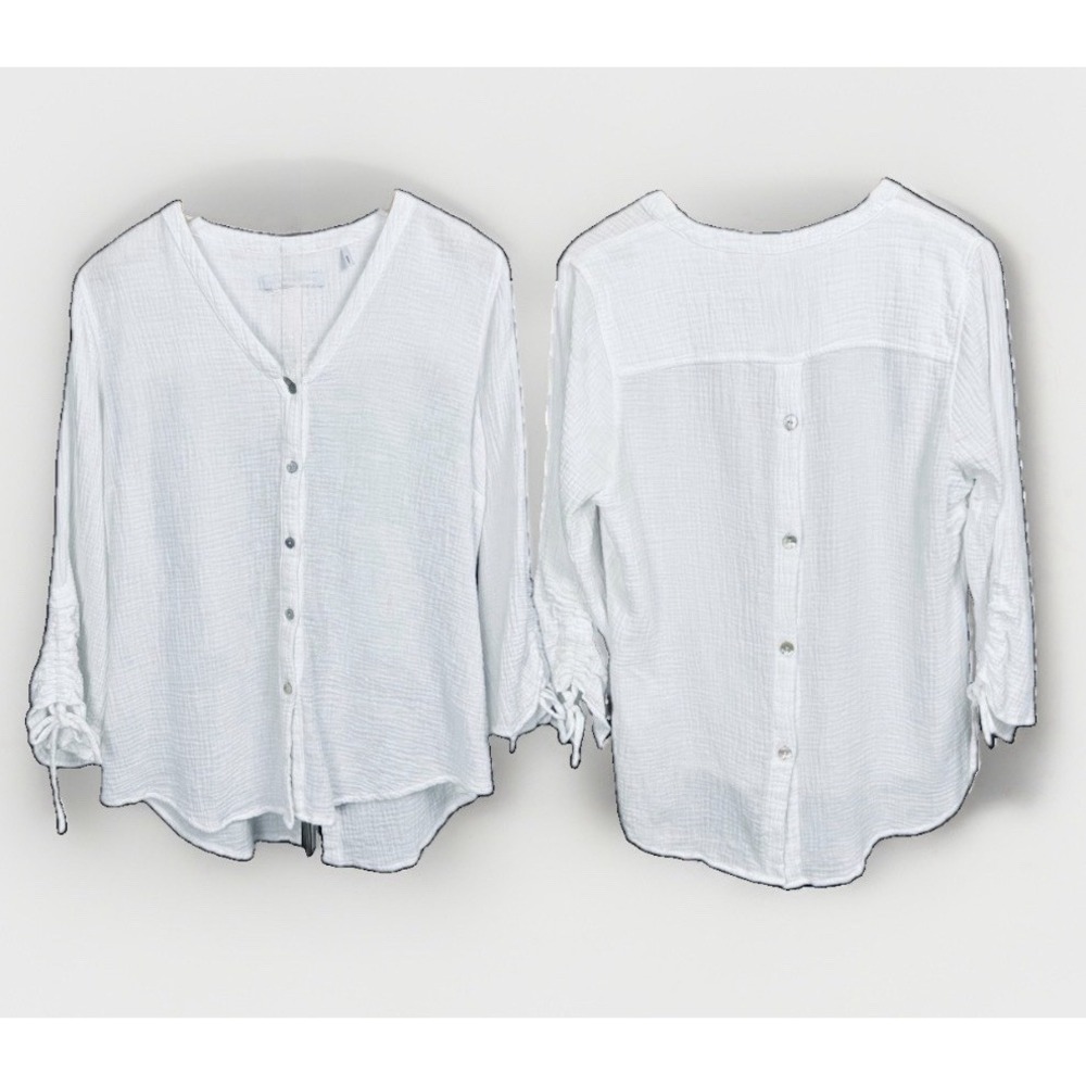 Foxcroft Marley Gauze Blouse White Button Back Shirt Ruched 3/4 Sleeve Top 12